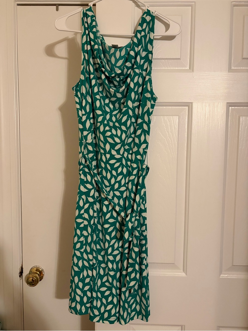 LOFT Teal and White Leaf-Print Sleeveless Midi Dress
